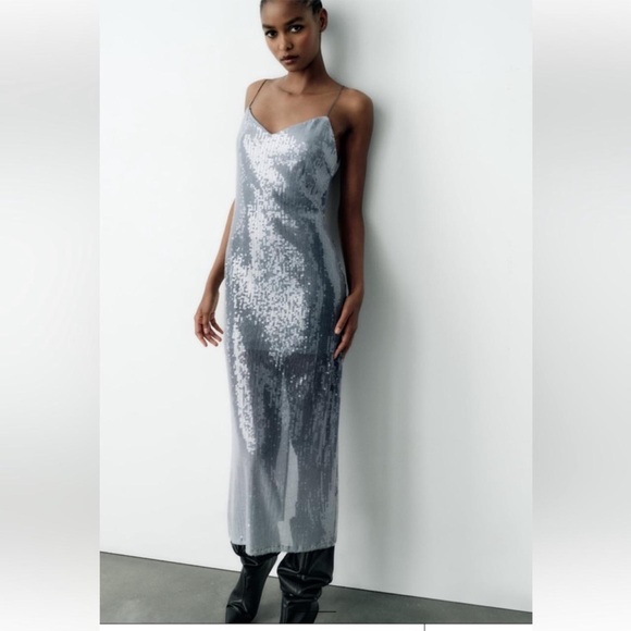 ZARA ~ Women's Blue and Silver Dress - Picture 9 of 16